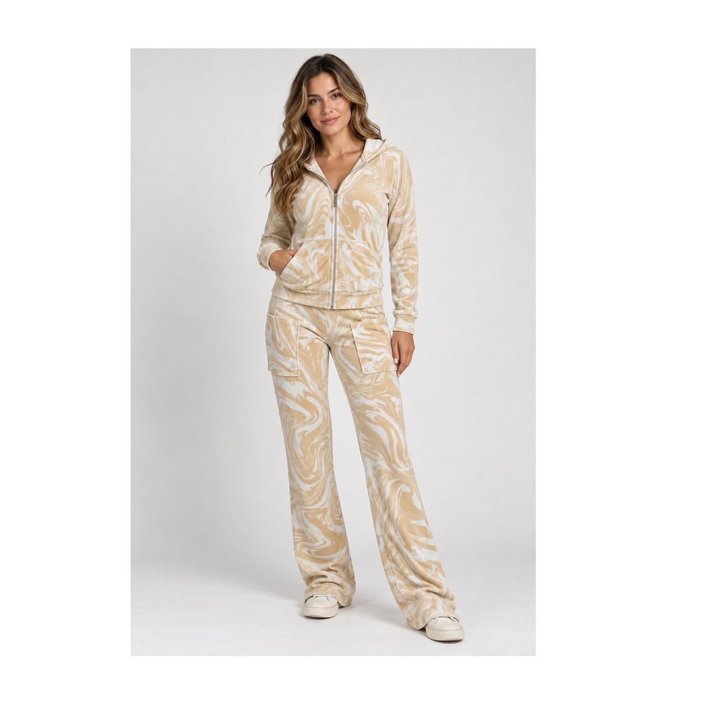 Juicy Couture Tracksuit Womens XL Tan White Excellent Marble Swirl Velour‎ Set